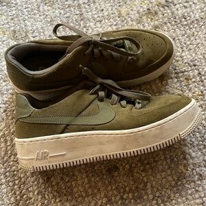 Nike Air Force 1s, platform, army green suede, women’s size 9